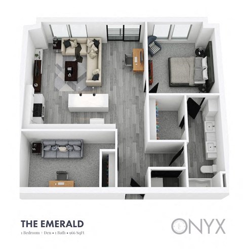 Floor plan for 1 bed, 1 bath, 966 sqft